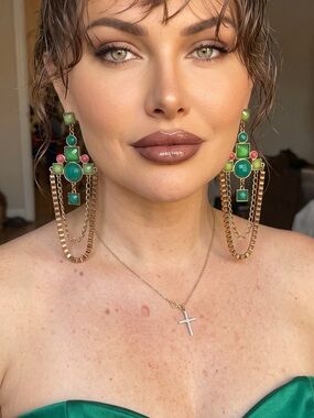Gold-Tone Green Statement Drop Earrings - Fashion Brand